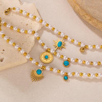 Pulsera estilo francés vintage para mujer: dije geométrico de perlas y turquesas, joyería retro de acero inoxidable de titanio - details 2