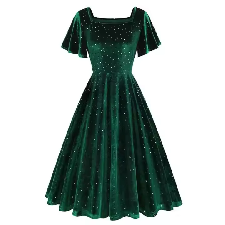 Elegante Vestido de Verano para Mujer Ouwu Color Sólido, Manga Corta, Cuello Cuadrado, Estilo Midi, Moda de los 50s-60s - 1