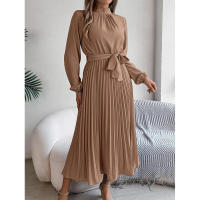 Elegante vestido corto de otoño invierno para mujer, con cuello alto, mangas plisadas y falda larga. - details 19
