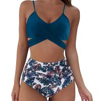 Traje de baño de mujer dividido de cintura alta Traje de baño de bikini multicolor con estampado de halter cruzado - details 5