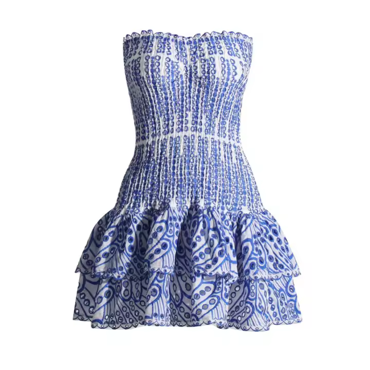 Boho chic vacacional volantes en el pecho bordado mini falda corta mujer sentido cerrado cintura pastel falda - 1