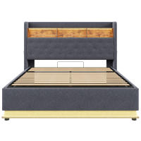 Cama tapizada LED 180 x 200 cm, Cama acolchada con puerto de carga USB y almacenamiento hidráulico, tela de lino agradable para la piel, Gris (Sin colchón) - details 8
