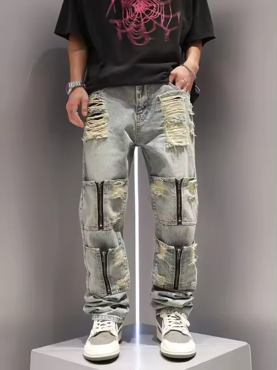 Nuevos jeans lavados perforados con múltiples bolsillos para hombres y mujeres, casual de pierna recta retro personalizado de calle - 1