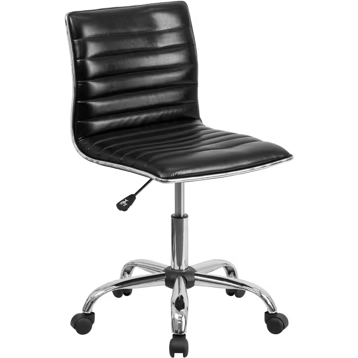 Muebles Silla de oficina con respaldo bajo, de diseño, sin reposabrazos, con costuras horizontales, giratoria, metal, estructura de cromo/vinilo negro, 1 unidad - 1