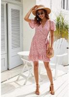 Vestido casual de mujer con mangas voladoras y cordón en V Playsui con bolsillo Shor Vestidos cortos s - details 6