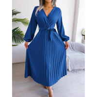 Vestido largo plisado con dobladillo grande para mujer, vestido cruzado de Color liso con cuello en V, moda de primavera y verano - details 18