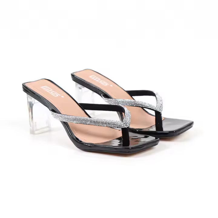 Sandalias de tacón alto con diamantes de imitación y punta cuadrada de moda - 1