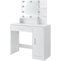 Tocador con iluminación LED, Espejo, cajón, 3 estantes y Armario - 90 x 38 x 137 cm - Blanco - Madera - tocador Mesa de Maquillaje - details 0