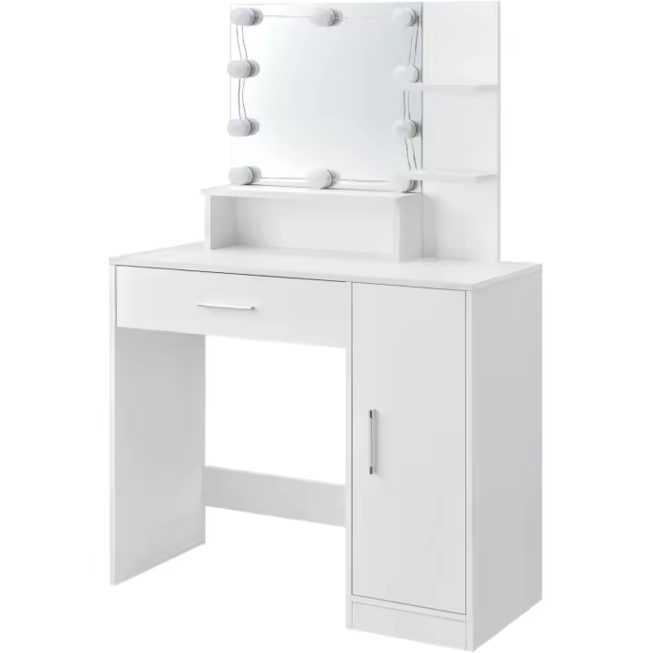 Tocador con iluminación LED, Espejo, cajón, 3 estantes y Armario - 90 x 38 x 137 cm - Blanco - Madera - tocador Mesa de Maquillaje - 1