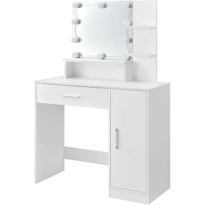 Tocador con iluminación LED, Espejo, cajón, 3 estantes y Armario - 90 x 38 x 137 cm - Blanco - Madera - tocador Mesa de Maquillaje - 1
