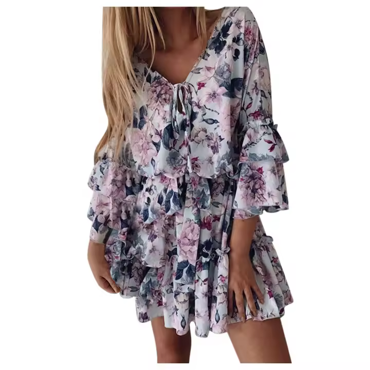 Elegante Vestido de Fiesta Impreso para Damas Cuello en V, Manga Corta con Volantes, Corte A-línea, Dulce y Elegante de Verano - 1
