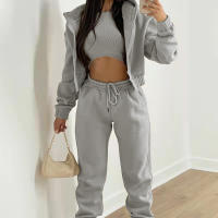 Conjunto de tres piezas para mujer, pantalones largos con sudadera con capucha de forro polar, conjunto deportivo, moderno, informal, de invierno, conjunto completo - details 6