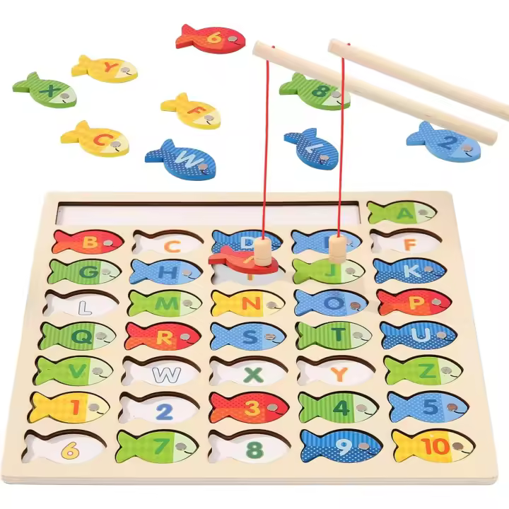 Juego de pesca magnética de madera para niños pequeños, juguete Montessori de motricidad fina con letras y números, aprendizaje preescolar ABC - 1
