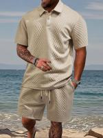 Conjunto de polo liso y pantalones cortos con cordón en la cintura para hombre, trajes de dos piezas cómodos y transpirables para uso diario al aire libre, ropa de hombre para el verano - details 6