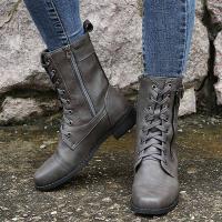 Botines de punta redonda con cordones para mujer, botas militares de combate de tacón bajo de media pantorrilla, botines de equitación - details 6