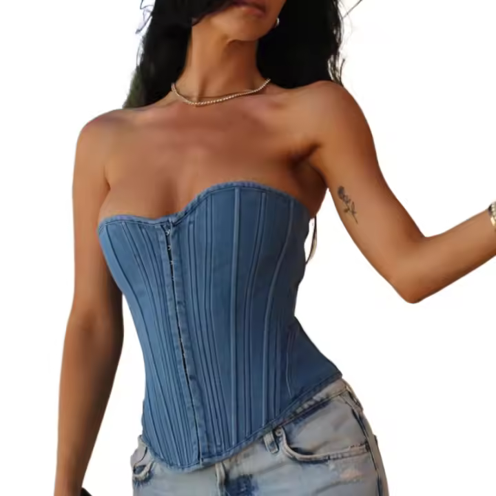 Corsé vaquero con hombros descubiertos para mujer, Tops de tubo sin mangas con cordones en la espalda, corpiño, camiseta sin mangas, chaleco hueco, camisola delgada - 1