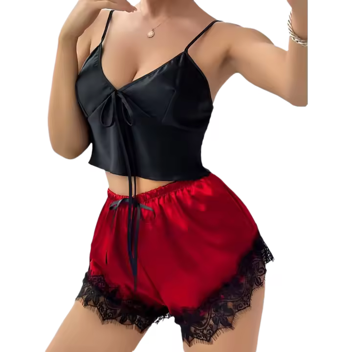 Pijama de verano fino sin mangas y espalda descubierta, conjunto de tirantes con pantalones cortos con cordones y encaje de seda helada, conjunto de dos piezas para estar en casa - 1