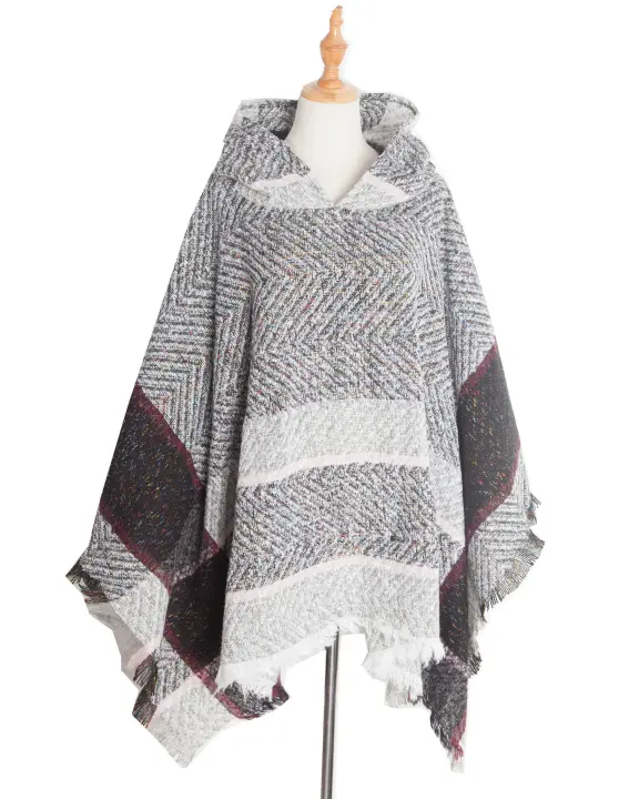 Mantón de moda para mujer, elegante patrón de espina de pescado, con capucha, chal Ropa y capa de moda para mujer - 1