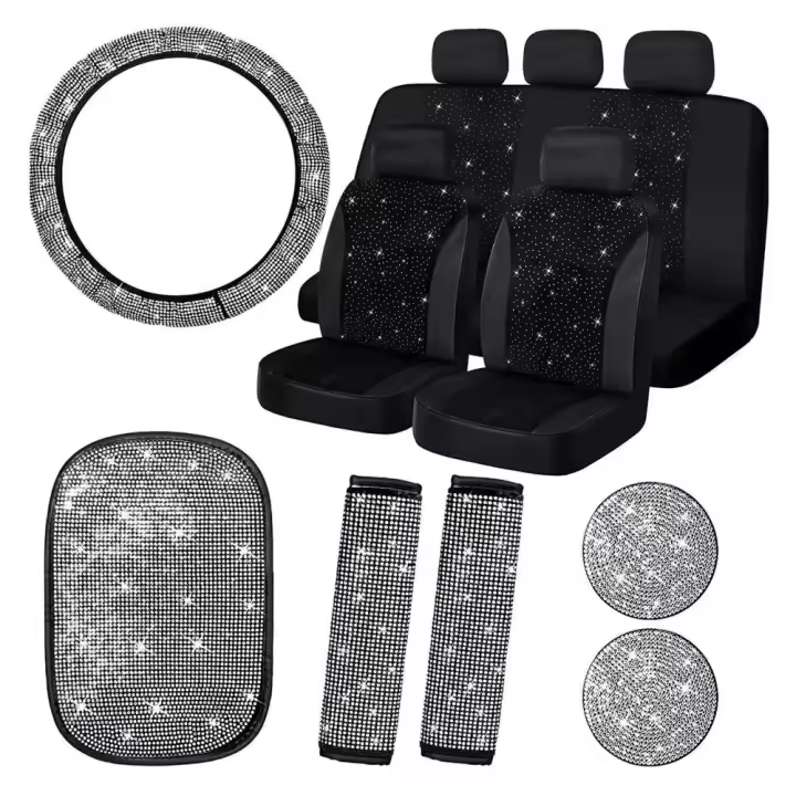 Juego de accesorios de coche para mujer, Kit de funda de asiento transpirable brillante para volante de cristal, 15 piezas - 1