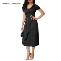 BUNO-Vestido de fiesta de cóctel para mujer, vestido informal con cuello en V, manga corta, cintura con cordones, asimétrico, dobladillo ancho, vestido de fiesta de noche - details 12