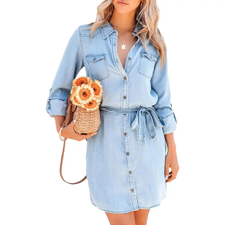 Vestido vaquero informal para mujer, falda corta de manga larga de Color liso, con cuello abotonado a la moda y cinturón - 1