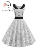 Polka dot plaid print vintage women summer retro 50s 60s party a line dress - details 1