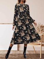 Vestido floral pequeño con cuello redondo y mangas largas con cordones y cintura - details 2