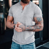 Camiseta de manga corta Henley para hombre, ropa informal de algodón, M-6XL, azul marino, gris claro, paquete de 2 - details 12