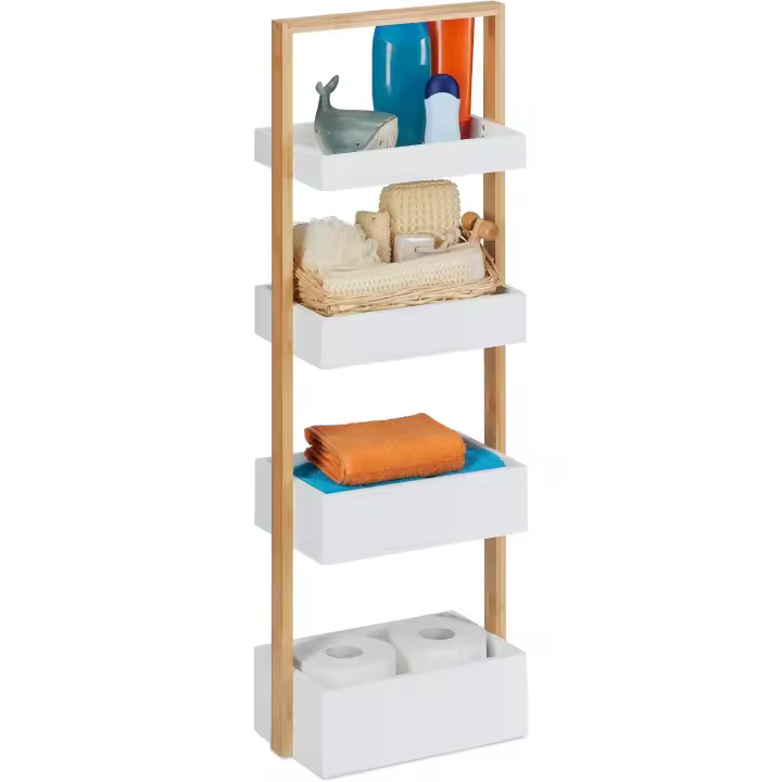 Relaxdays Estantería Baño con 4 Cestas, Bambú y MDF, 88 x 30 x 18 cm, Estante Vertical Lavabo y Cocina, Natural/Blanco, 88 x 30 x 19 cm - 1