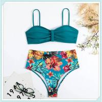 Conjunto de bikini bandeau liso, estampado tropical sexy, traje de baño mejorado para mujer, traje de baño de cintura alta con encaje en la espalda, ropa de playa - details 21