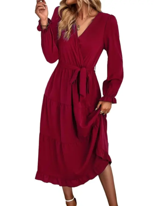 Elegante Vestido Largo de Manga Comprida para Mujer Color Sólido, Estilo A Línea, Belleza Elástica y Bonito - 1