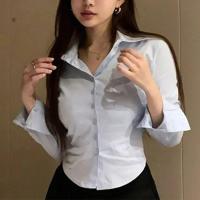 Camisa coreana blanca de oficina de gasa para mujer, blusa con solapa y botones de bolsillo para mujer, Tops cortos de manga larga para ir al trabajo para primavera - details 5