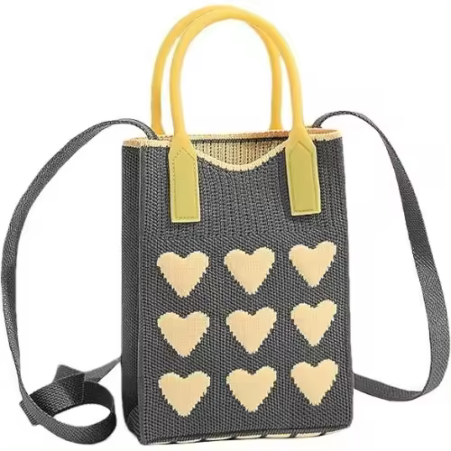 Bolso de crochet con estampado de corazones, gris. Bolso bandolera para celular para mujer, pequeño. - 1
