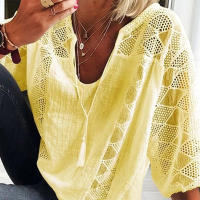 Blusa de Lino y Algodón para Mujer Cuello en V, Manga 3/4, Blusa Holgada Informal, Moda Diaria - details 17