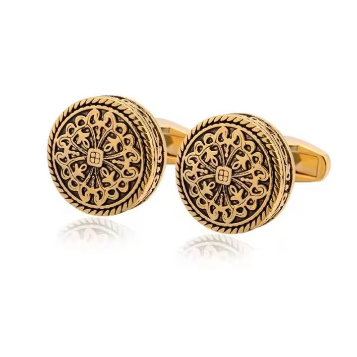 Diseño vintage redondo en bronce, oro, plata, gemelos para camisa, joyería de lujo, gemelos de metal y cobre para hombre - 1