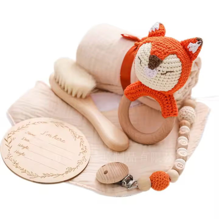 Regalos Bebes Recién Nacidos - Neceser Bebe Recién Nacido - Canastilla Bebe Juego de cadena de chupete con tira de tela para bebé, caja de regalo de nacimiento para recién nacido, juego de baño, juguete de sonajero animal para roer - 1