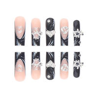 24PCS Uñas Postizas Negras Francesas Con Estrellas Brillantes Y Diseño Sweet Cool Para Mujer Uñas De Resina Originales De China - details 2