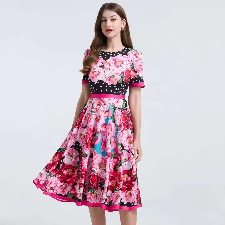 Vestidos Midi elegantes con estampado de lunares para mujer, vestido largo Retro informal de manga corta para vacaciones de verano, siciliano - 1