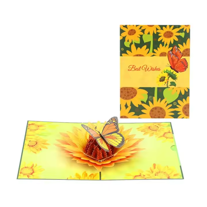 Tarjeta de felicitación plegable de girasol, papel tallado, bendición, tarjeta de felicitación emergente 3D, tarjetas de invitación exquisitas, Acción de Gracias - 1
