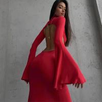Cryptographic espalda abierta Sexy Split Maxi Vestido trajes elegantes para mujeres Chic manga acampanada Fiesta Club moda vestidos rojos Vestido - details 9