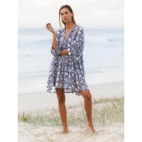 Vestido corto de vacaciones de playa de rayón informal suelto con lazo floral para mujer de moda de verano - details 27
