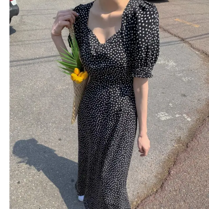 Retro Vintage Dresses New Basic Wear Cute Sweet Girls Women Black Chiffon Flower Print Long Dress Feminine Vestidos - 1