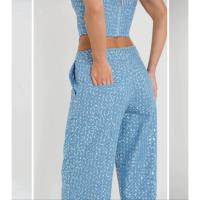 Conjunto de Denim con Lentejuelas BKQU Pantalones de Pierna Ancha y Top de Tanque con Corset sin Correas para Mujeres Outfit de Fiesta de Lujo para Clubes - details 42