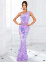Lentejuelas largas con hombro rosa lavanda, vestido de fiesta de noche sin mangas para mujer - details 1