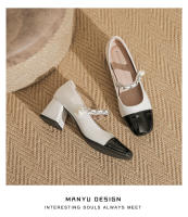 Zapatos Mary Jane de tacón alto de 5 cm, color negro y blanco a juego, punta cuadrada, de cuero francés. - details 18
