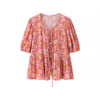 OUWU- Blusa Holgada De Manga Corta Con Estampado Floral Para Mujer, Top Con Dobladillo Y Volantes, Lazo Frontal Abierto, Verano - details 1