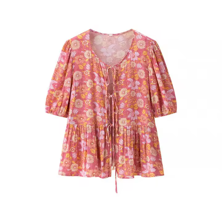 OUWU- Blusa Holgada De Manga Corta Con Estampado Floral Para Mujer, Top Con Dobladillo Y Volantes, Lazo Frontal Abierto, Verano - 1