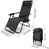 Set de 2 Sillas de Jardín Plegables Silla de Gravedad Cero Reclinable con Soporte para Bebidas y Reposacabezas Extraíble Carga Máxima 120kg Negro - details 2