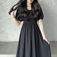 Vestido de verano para mujer, fruncido plisado, cuello cuadrado, manga corta, manga de burbuja, vestido de mujer de Color sólido, vestido Midi con dobladillo suelto - details 4