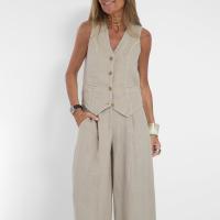 Chaleco elegante Y2K para mujer, traje de 2 piezas, sin mangas, con cuello en V y botones, prendas de vestir, conjunto de pantalón de pierna ancha - details 2